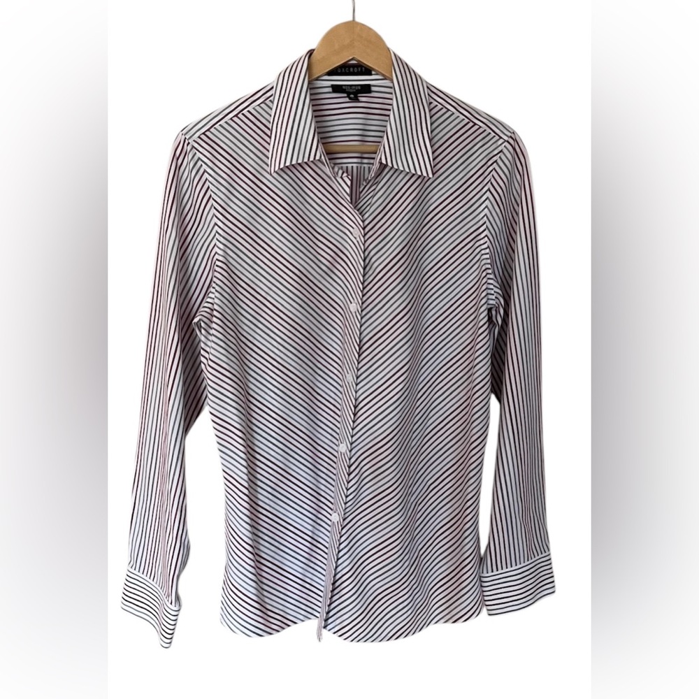 Foxcroft white red gray stripes blouse shirt long sleeves size 14